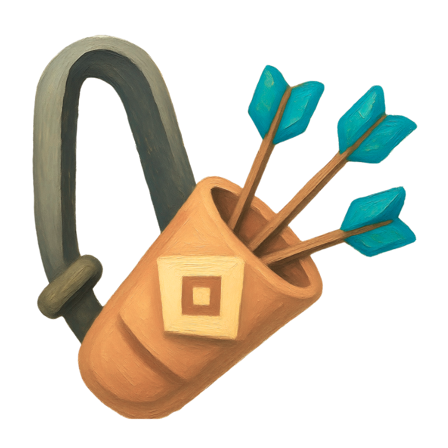 Child's tan quiver with grey strap, holding three arrows with teal fletchings